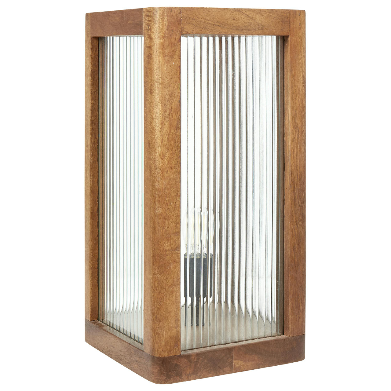 Candeeiro de mesa estilo industrial em madeira de mangueira com painel de vidro