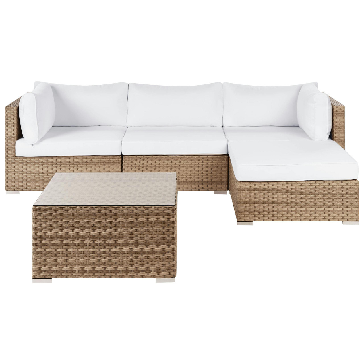 Conjunto lounge modular em rattan sintético com mesa de centro em vidro