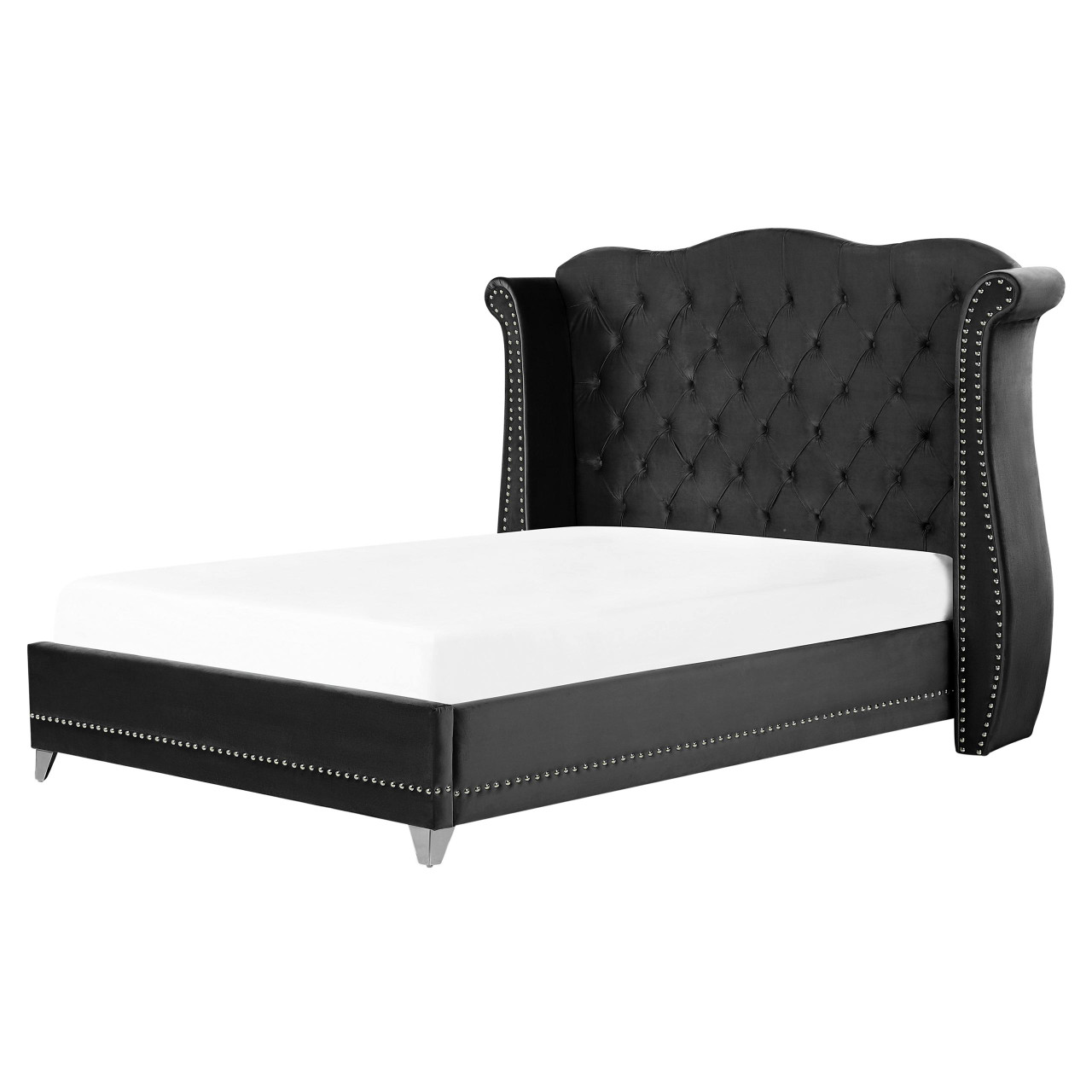 Cama de casal Ayette em veludo preto com estrado de ripas