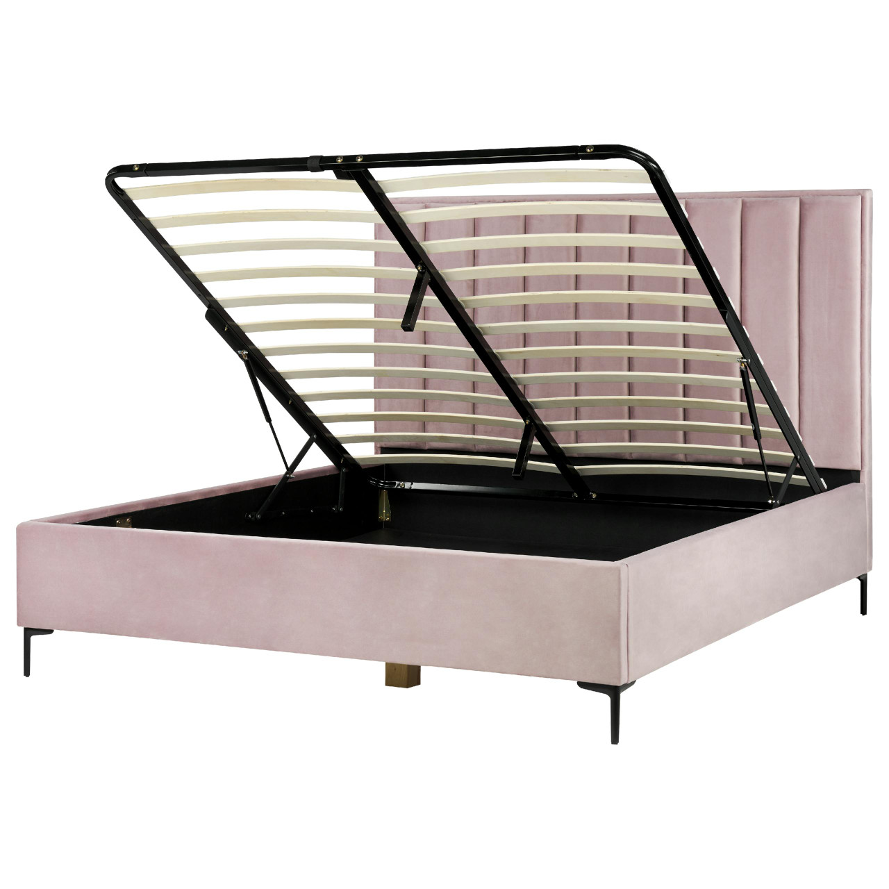 Cama de casal Sezanne em veludo rosa com arrumação elevável