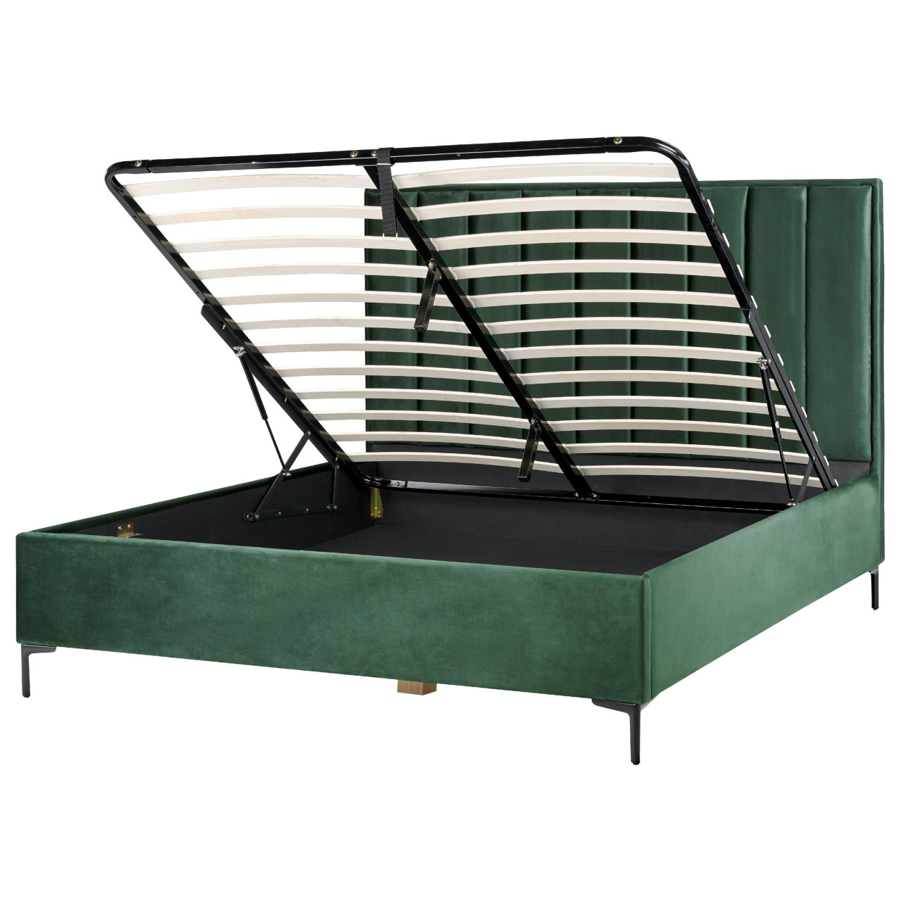 Cama de casal Sezanne em veludo verde com arrumação elevável