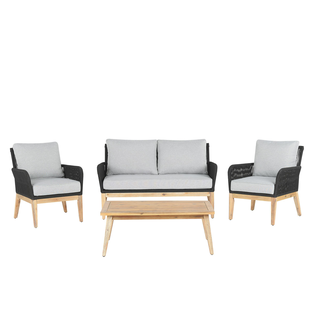 Conjunto lounge Merano em madeira de acácia e aço, cinzento