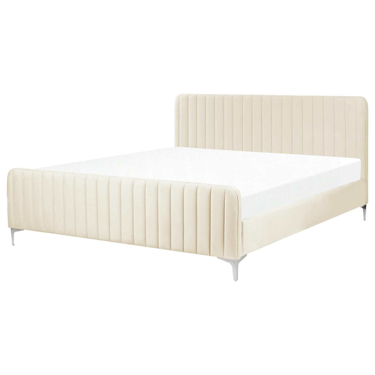 Cama de casal Lunan em veludo creme com estrado de ripas