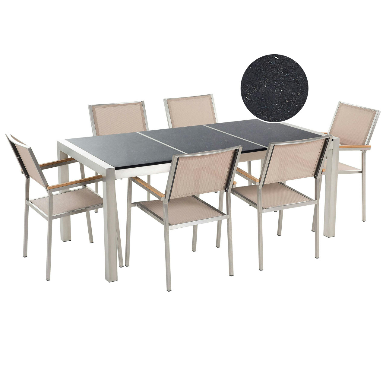 Conjunto de refeições de jardim 6 lugares GROSSETO Placa tripla Granito Polido Preto/Creme