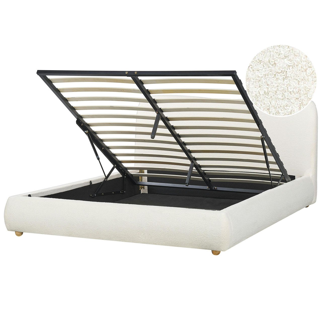 Cama de casal Blagnac em bouclé branco com arrumação elevável