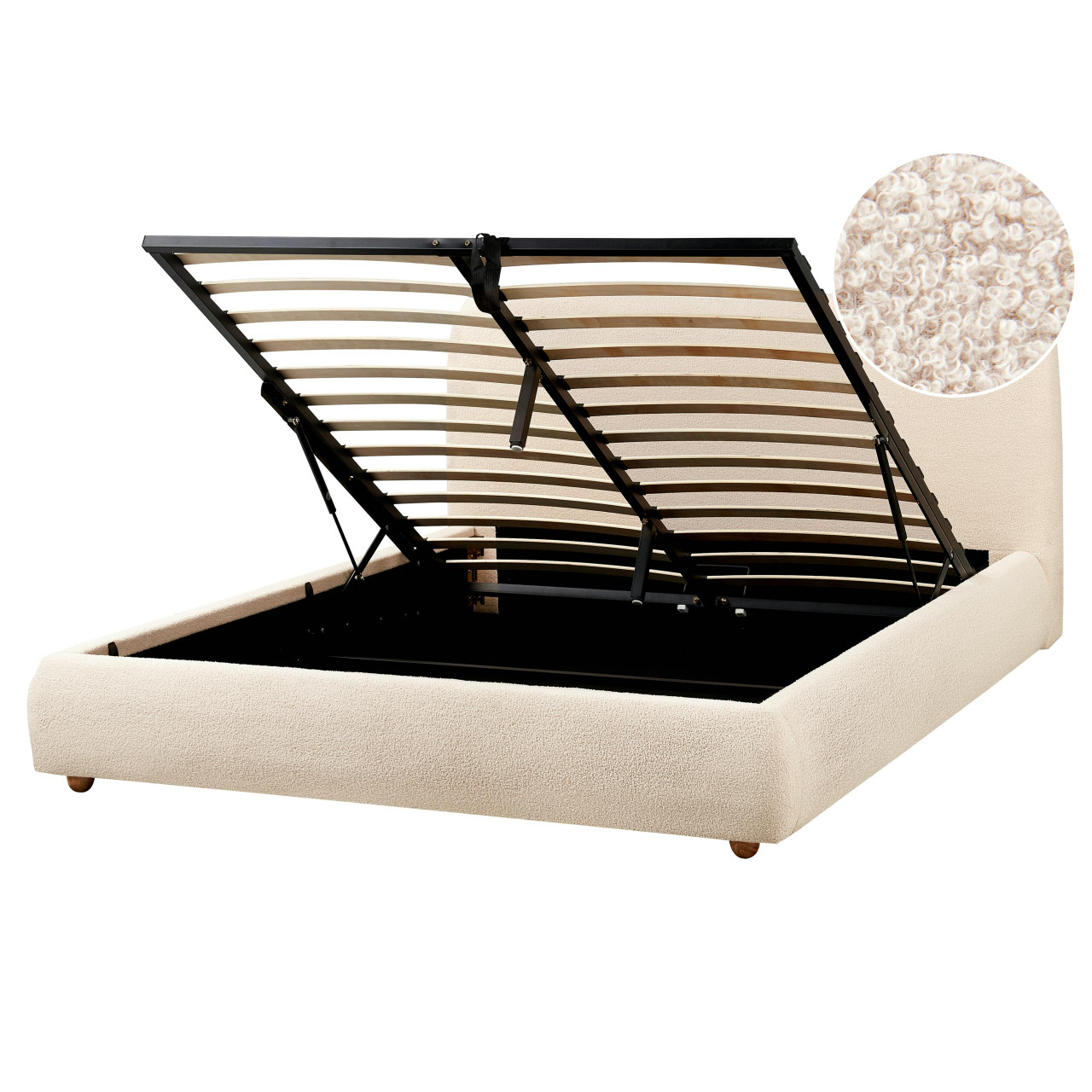 Cama de casal Blagnac em bouclé creme com arrumação elevável