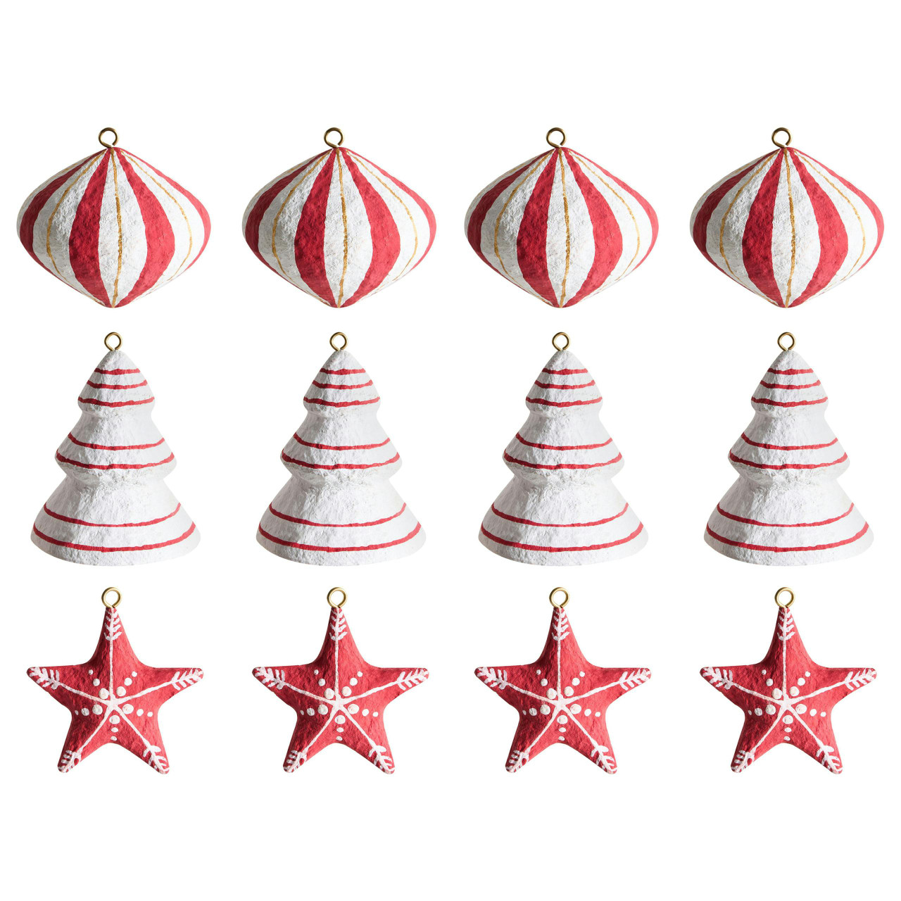 Conjunto de 12 enfeites para árvore de Natal GIDEALVEN Papel machê Vermelho/Branco