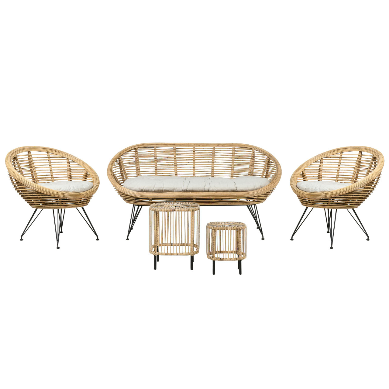 Conjunto lounge boho em rattan com sofá 2 lugares e mesa de centro