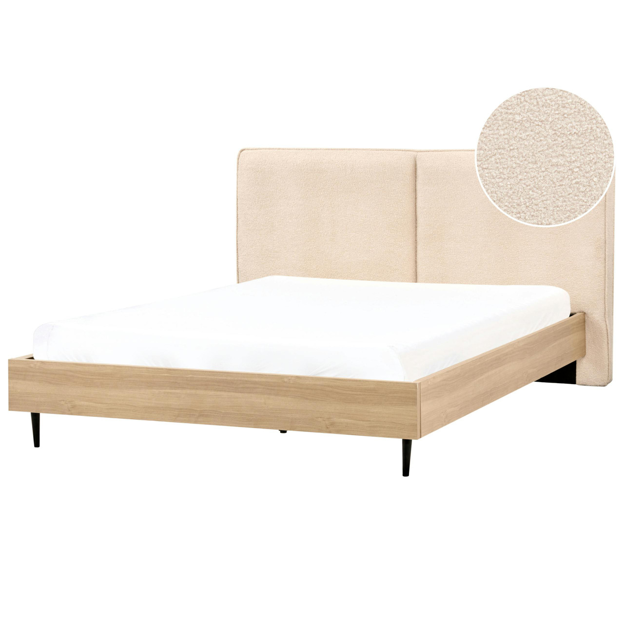 Cama de casal Izernore em bouclé creme com estrutura em MDF e pernas metálicas