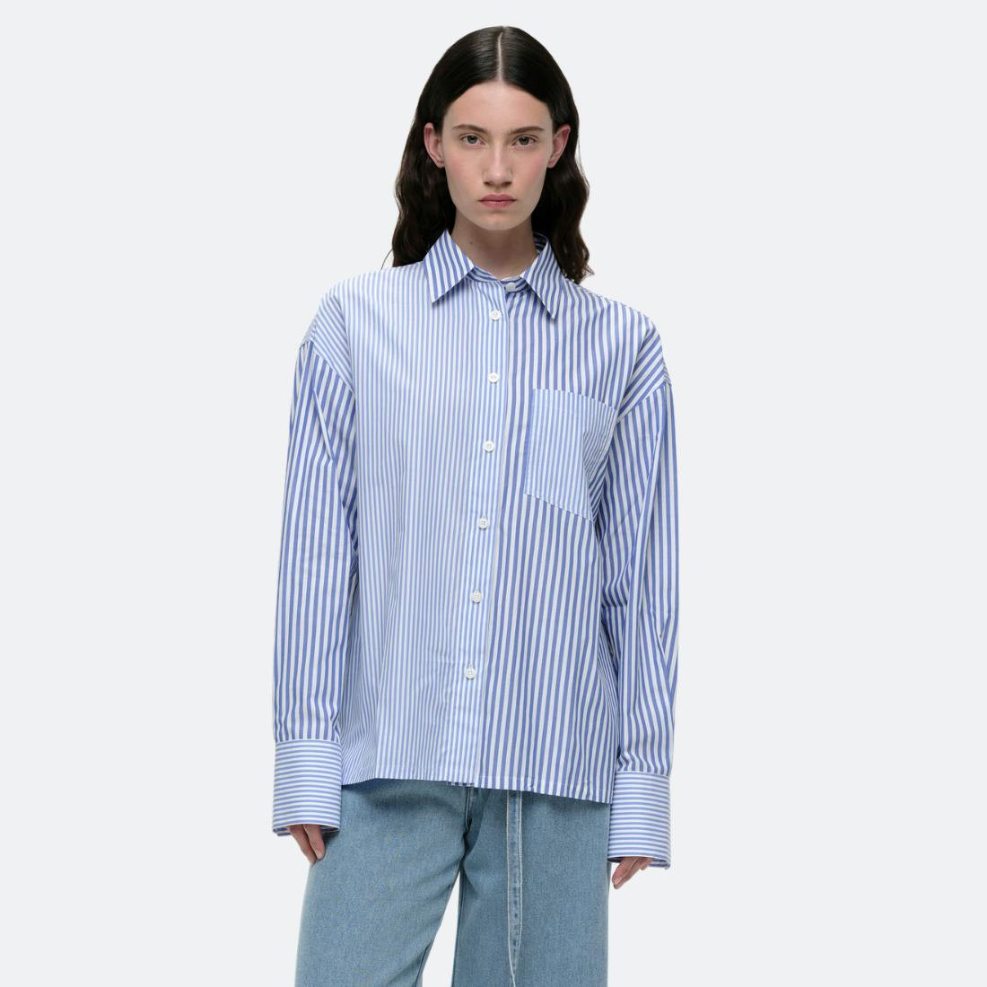 Shirt boyfriend em popelina de algodão com riscas contrastantes