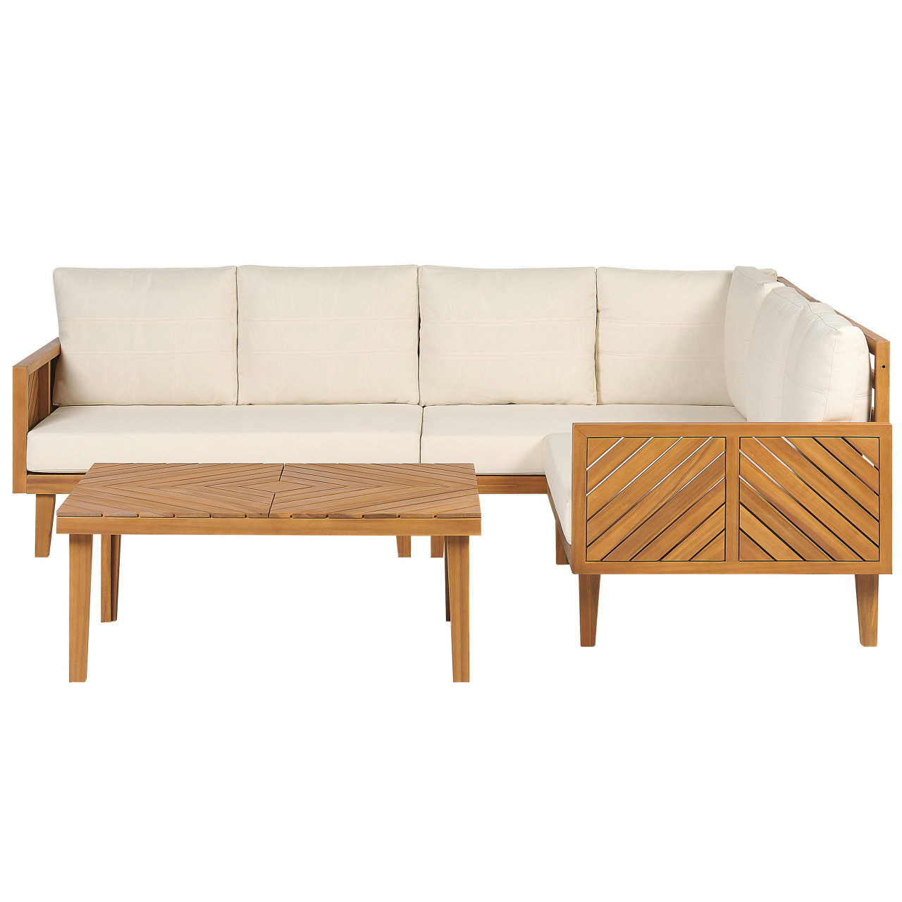 Conjunto De Móveis De Exterior Com Almofadas Para 4 Pessoas Beliani Baratti De Madeira De Acácia Madeira Clara 218x184x72