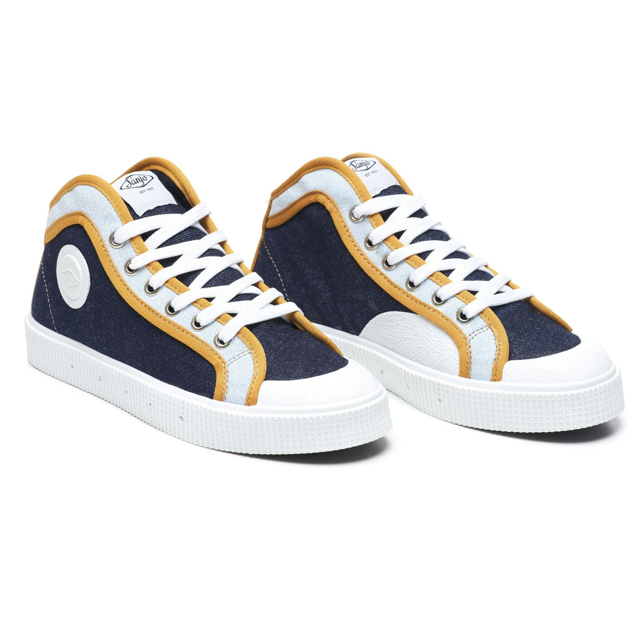 Sapatilha K100 em lona denim com detalhes amarelos