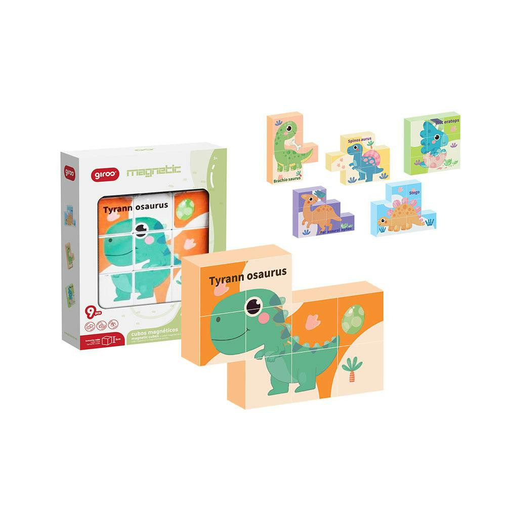 Puzzle magnético 9 cubos — Dinossauros, 6 formas, 3+ anos