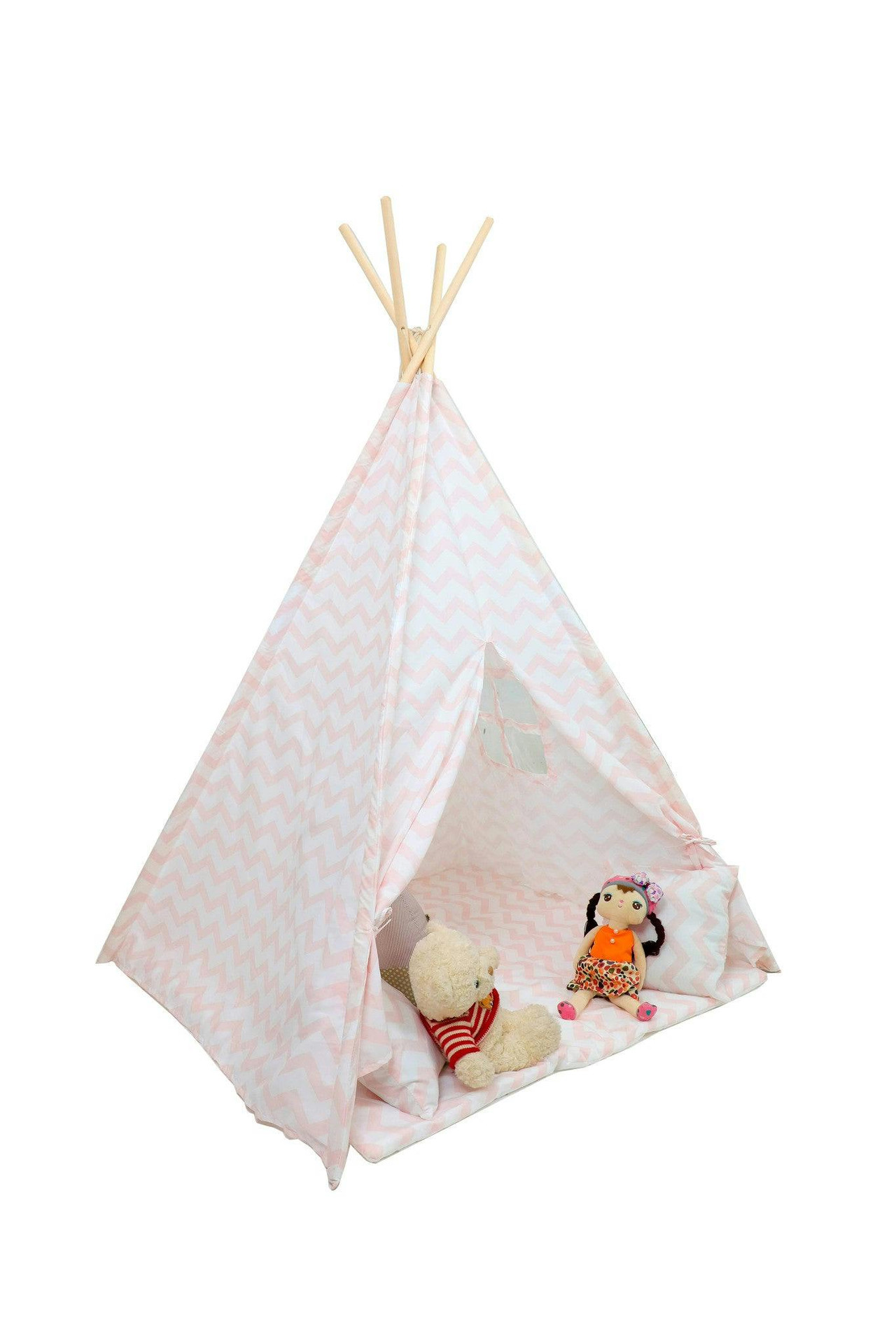 Tenda tipi infantil com tapete e almofadas rosa padrão zigzag
