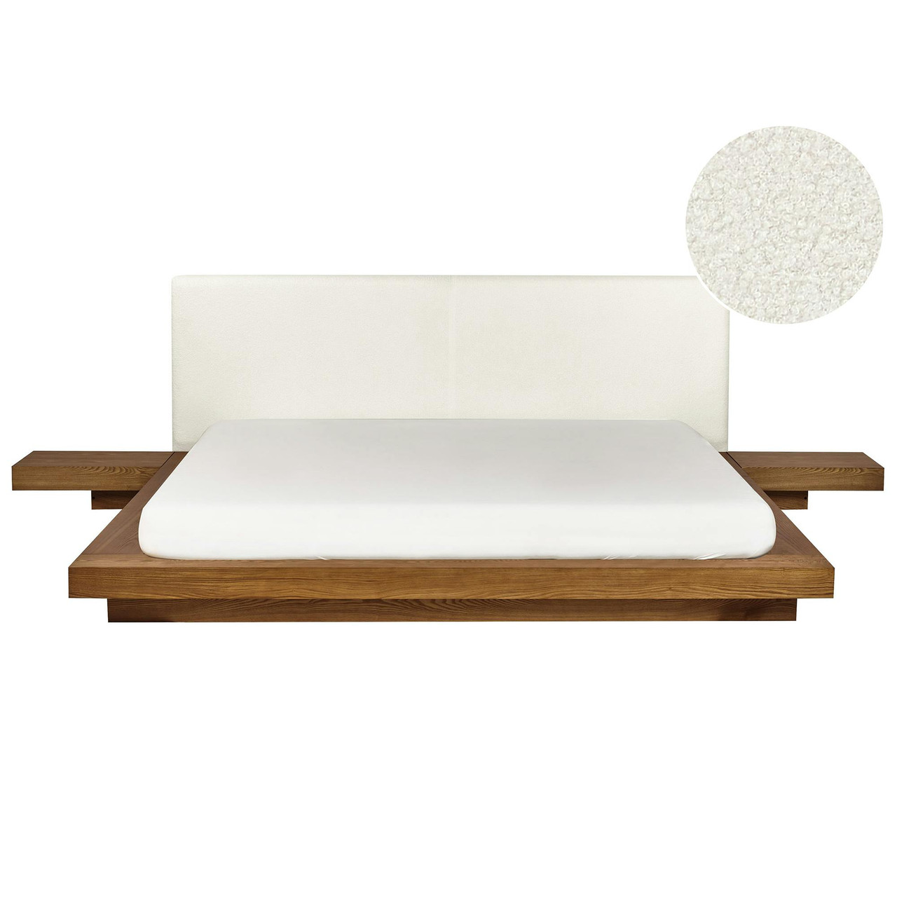 Cama de casal Zen em MDF com cabeceira bouclé e mesas de cabeceira flutuantes