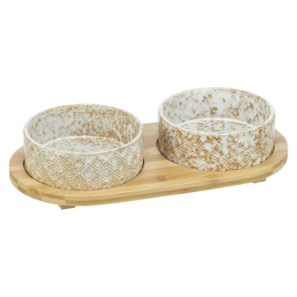 Gamela Dupla Em Ceramica C/ Suporte Bamboo 2X0,3Lt/12 Cm - TX24828