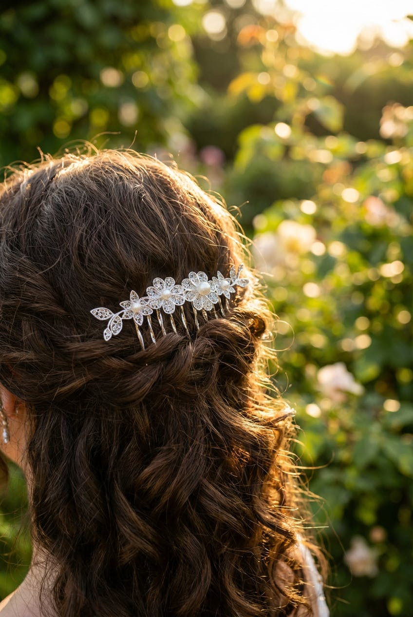 Presilha de cabelo em prata 925 com filigrana e pérolas de água doce