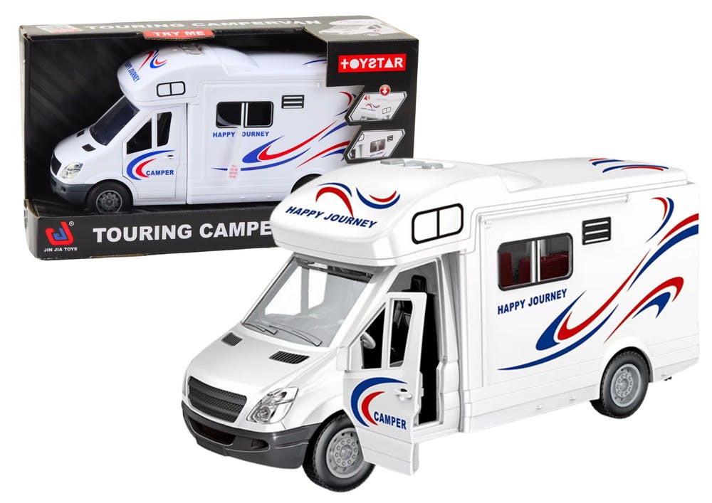 Autocaravana branca com luzes, sons e portas de abrir