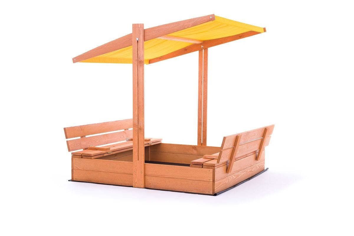 Caixa de areia 120x120 cm madeira com cobertura e bancos