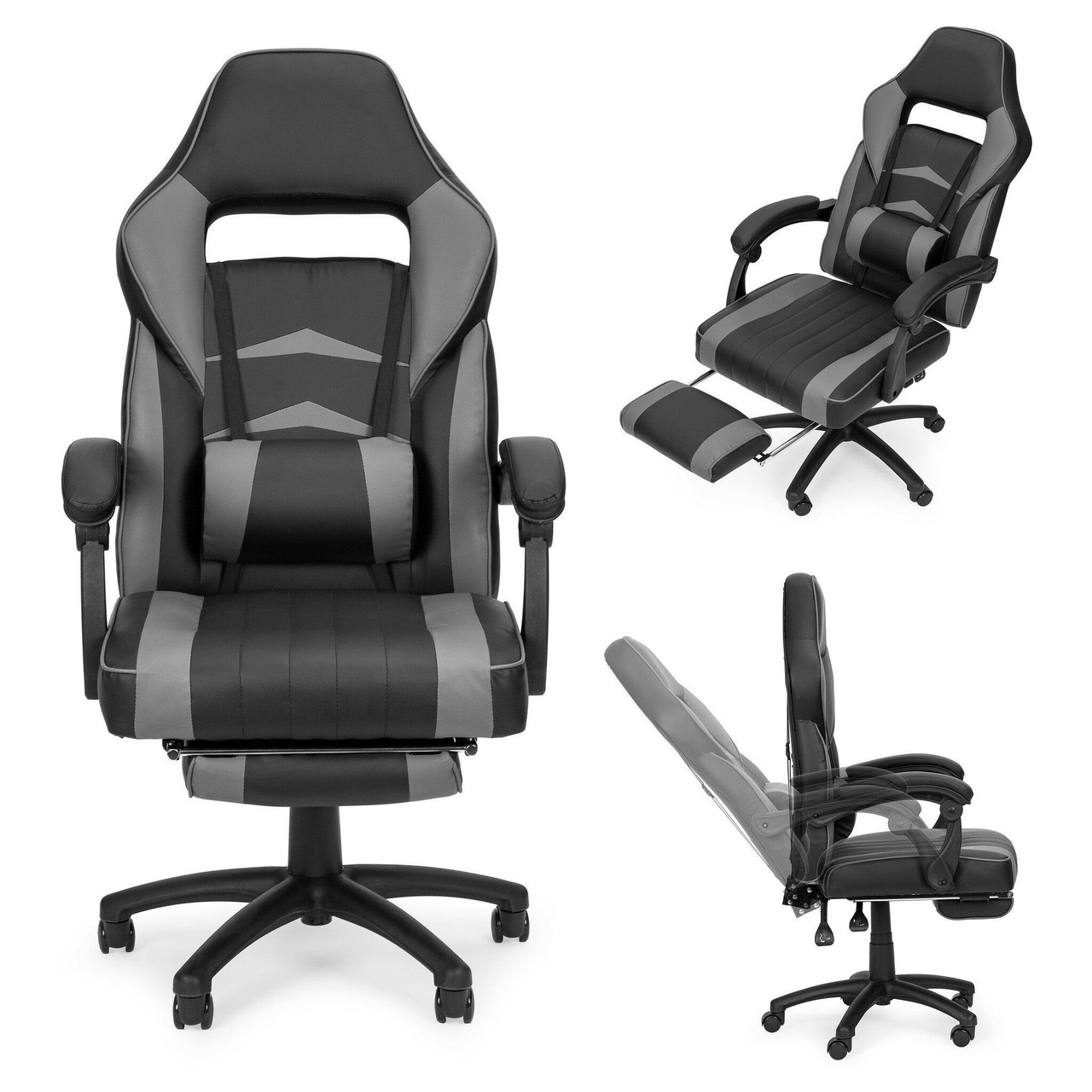 Cadeira gaming com apoio de pés 67x63x127 cm pele sintética preto e cinzento