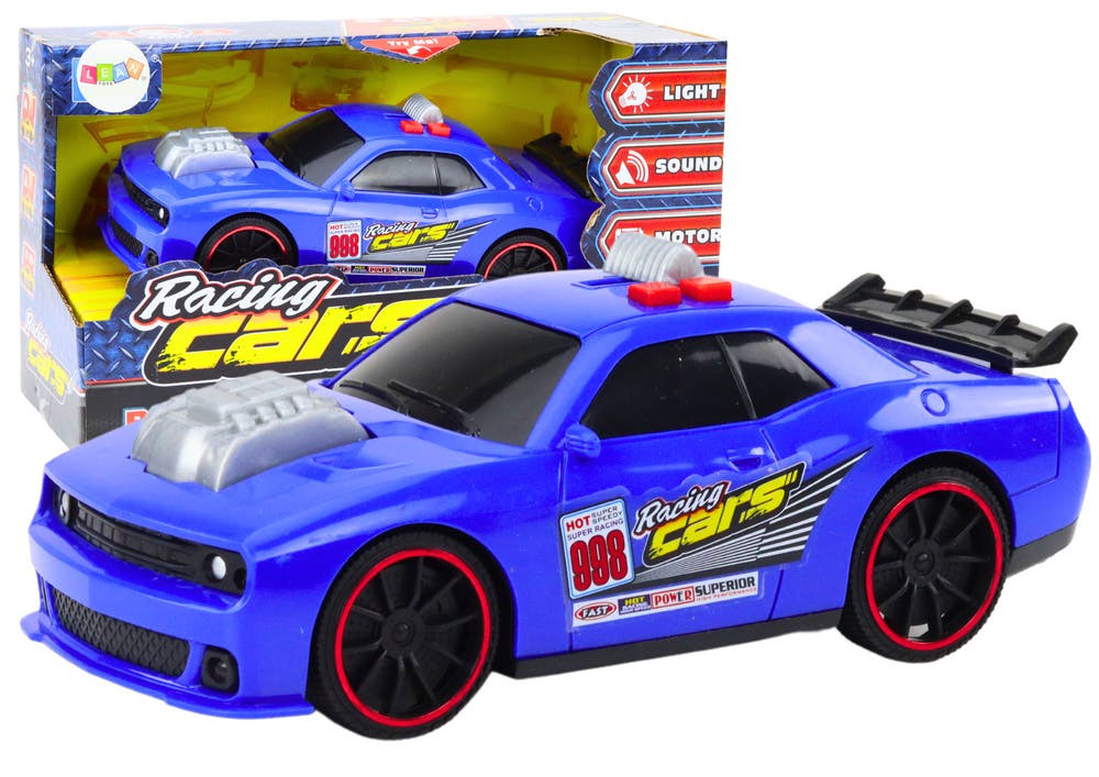 Carro corrida azul luz som motor abrir