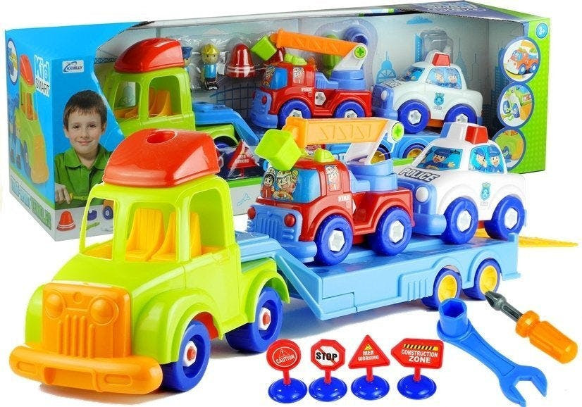 Conjunto de veículos desmontáveis polícia, camião de bombeiros e camião de transporte