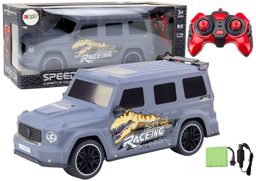 Carro RC 1:10 com dinossauro cinzento