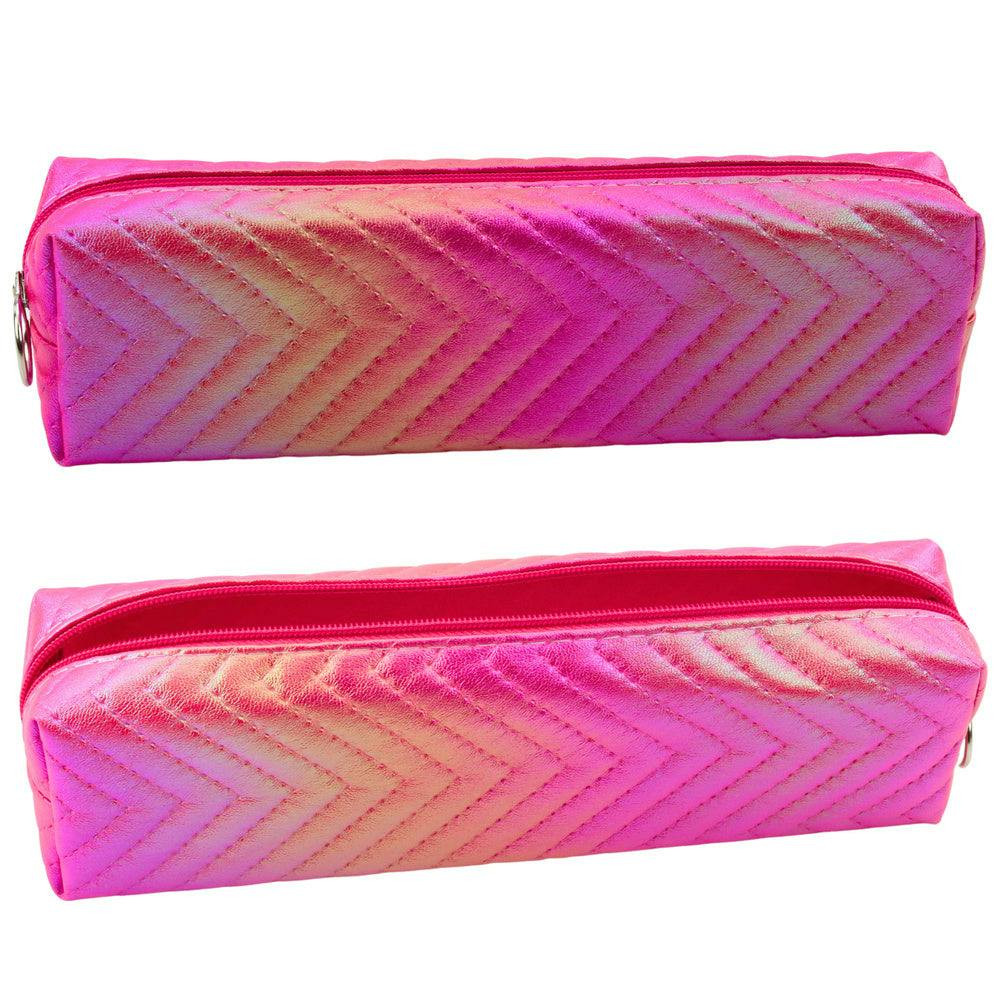Estojo escolar metálico brilhante espinha rosa