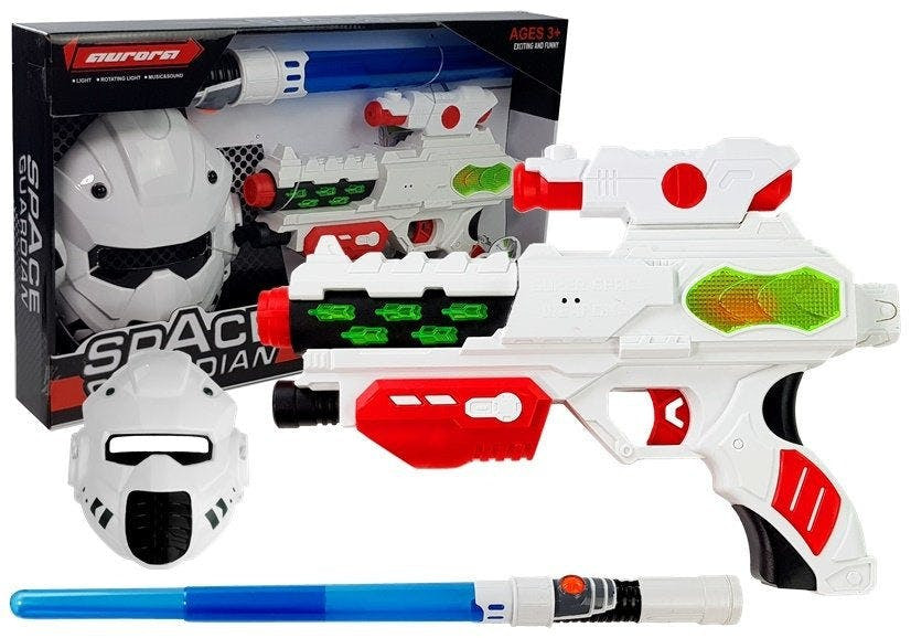 Pistola laser espacial com espada e máscara