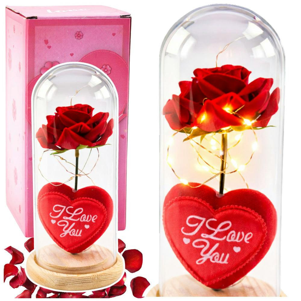 Rosa eterna em cúpula LED vermelha com coração 18,5x8 cm
