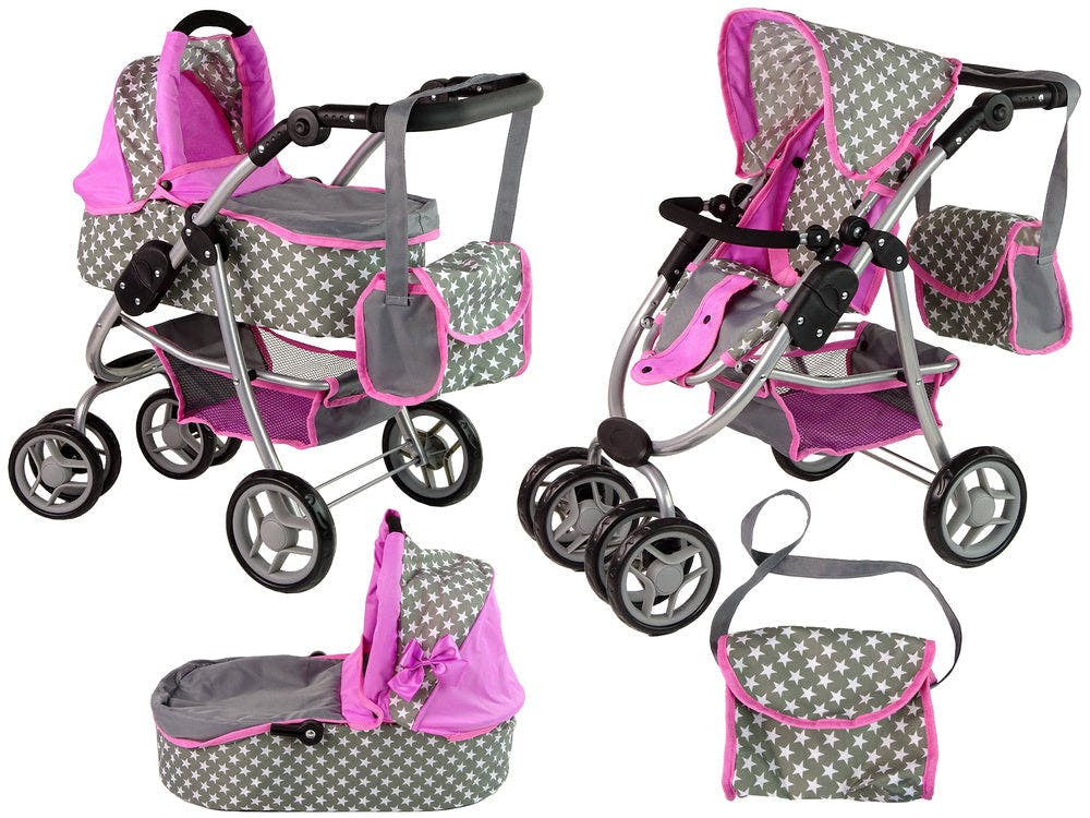 Carrinho Boneca 2 em 1 Alcofa Rosa Estrelas Deluxe