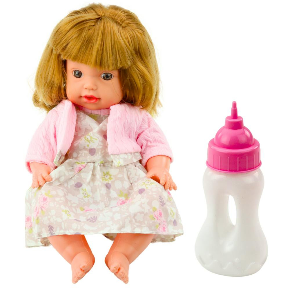 Boneca Bebé com Biberão Vestido Rosa Claro Sons 30cm