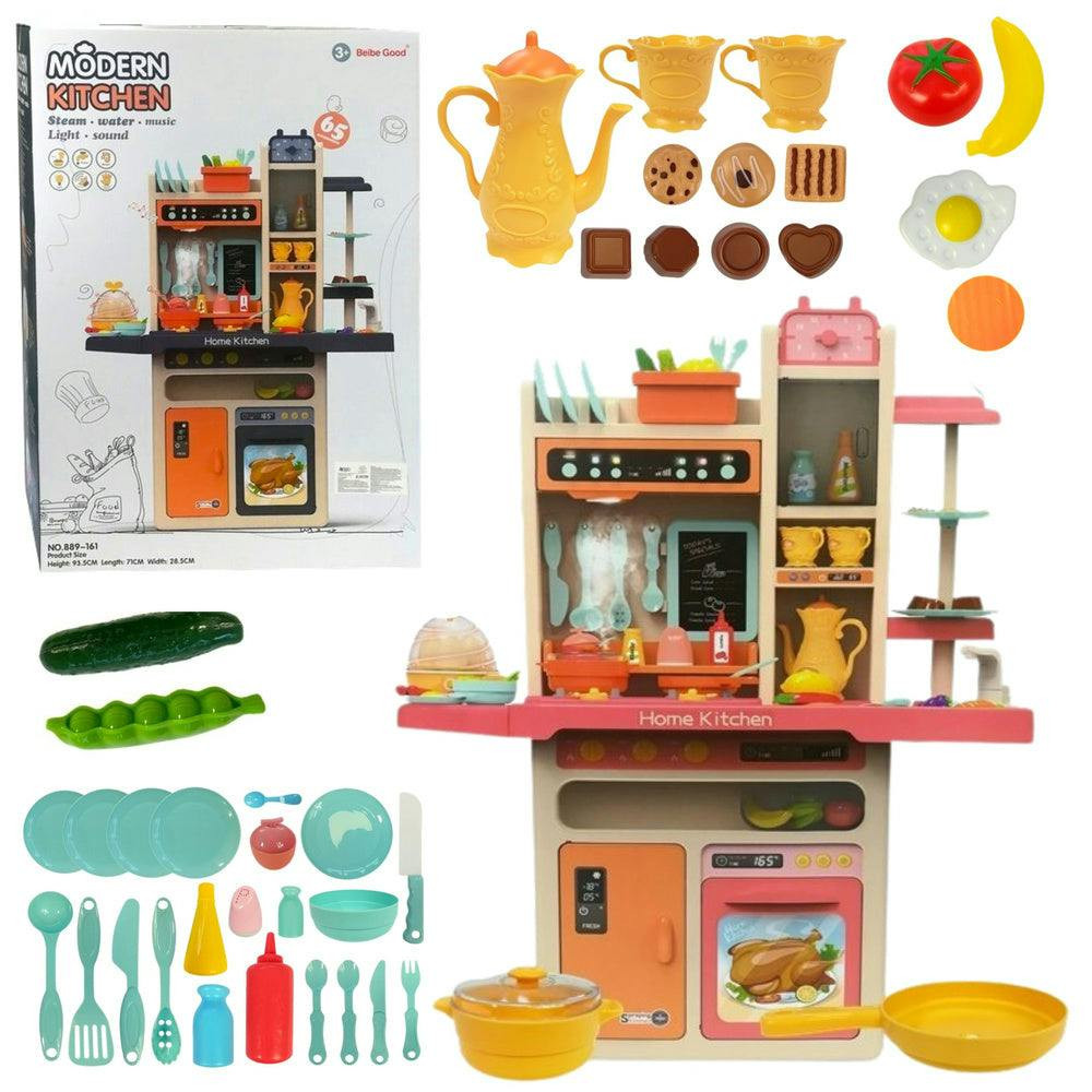 Cozinha infantil rosa com legumes e talheres