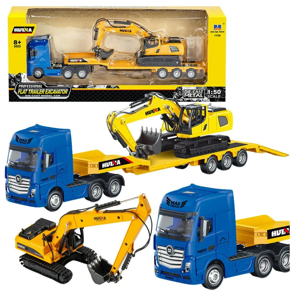 Camião Reboque com Escavadora Metálica Huina Amarelo 1:50