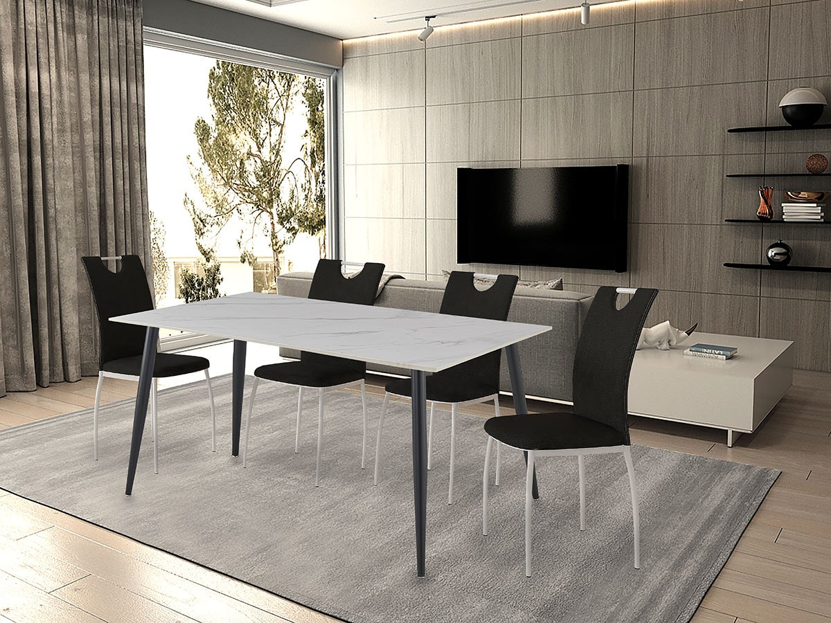 Roby dining table with white slate top and black metal legs