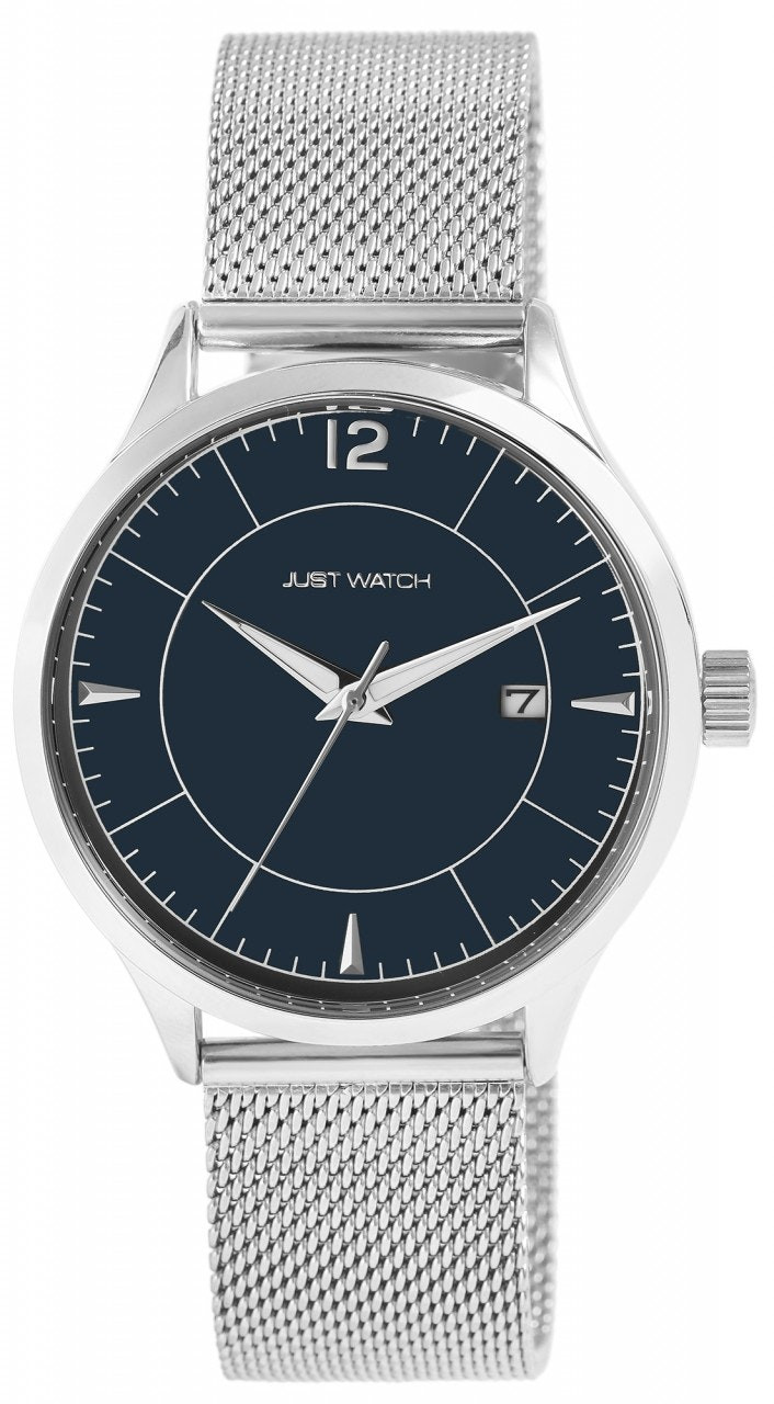Analog stainless steel watch with mesh bracelet and date