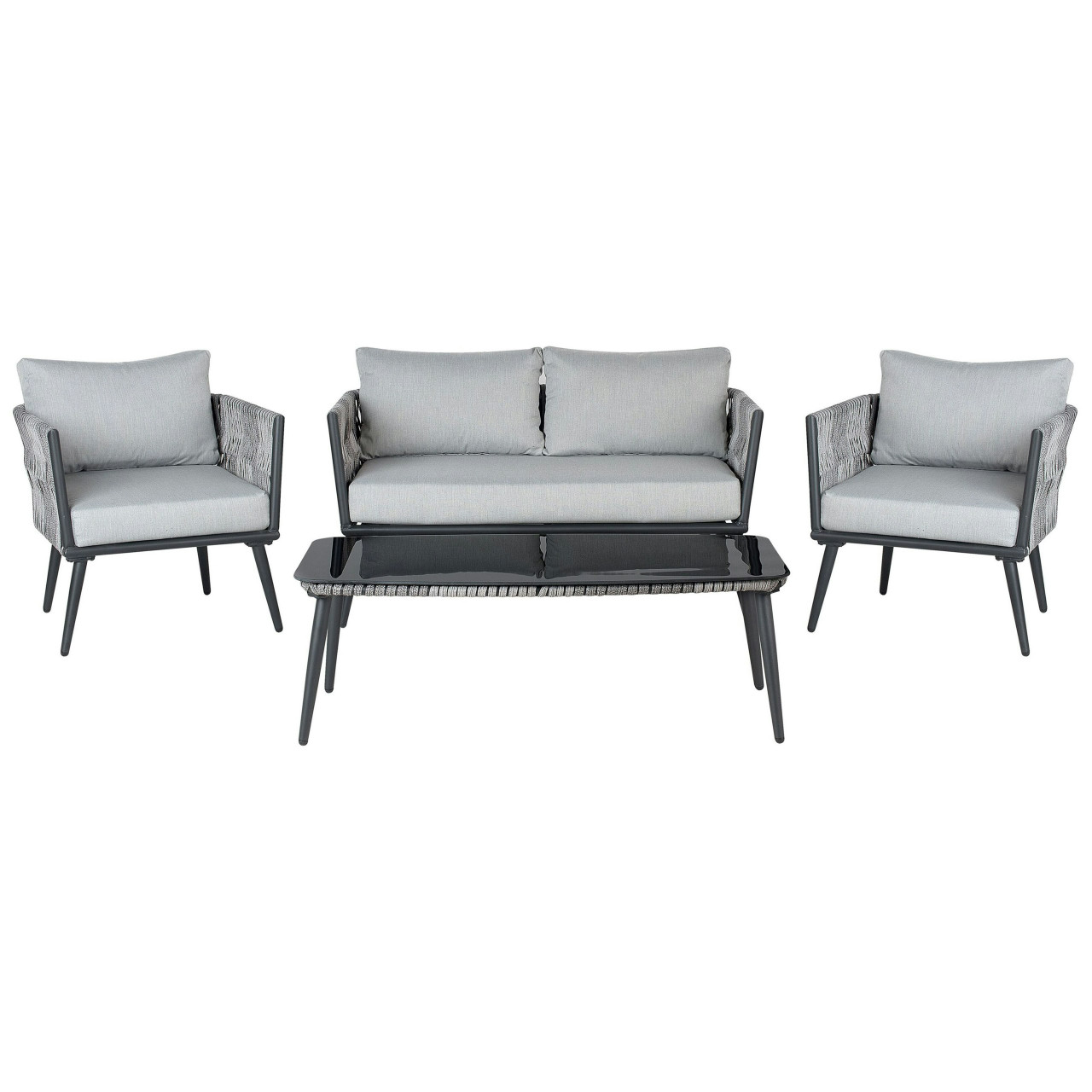 Conjunto lounge Preveza en ratán sintético con tablero de cristal