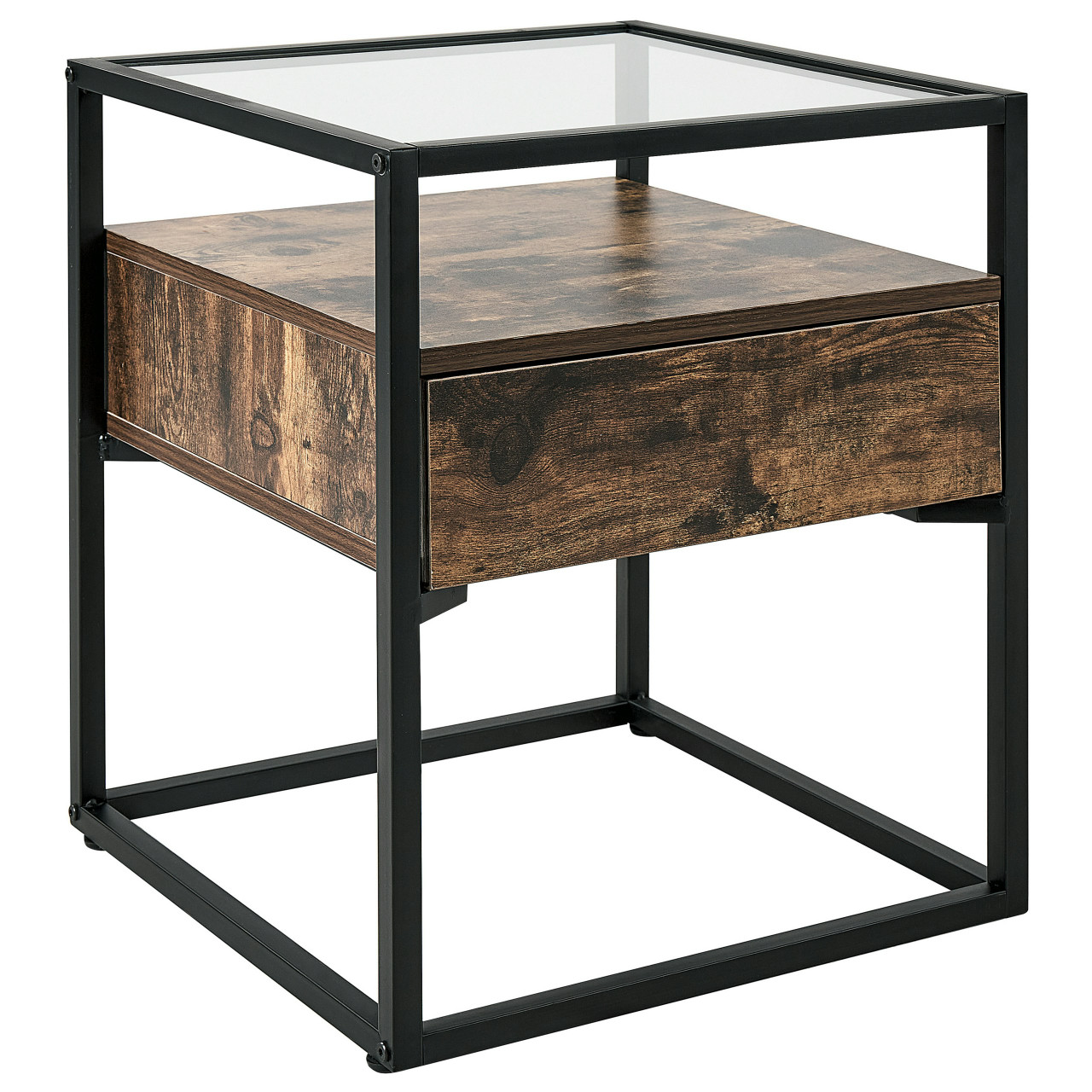 Mesa auxiliar Mauk MDF con tapa de vidrio y cajón negro