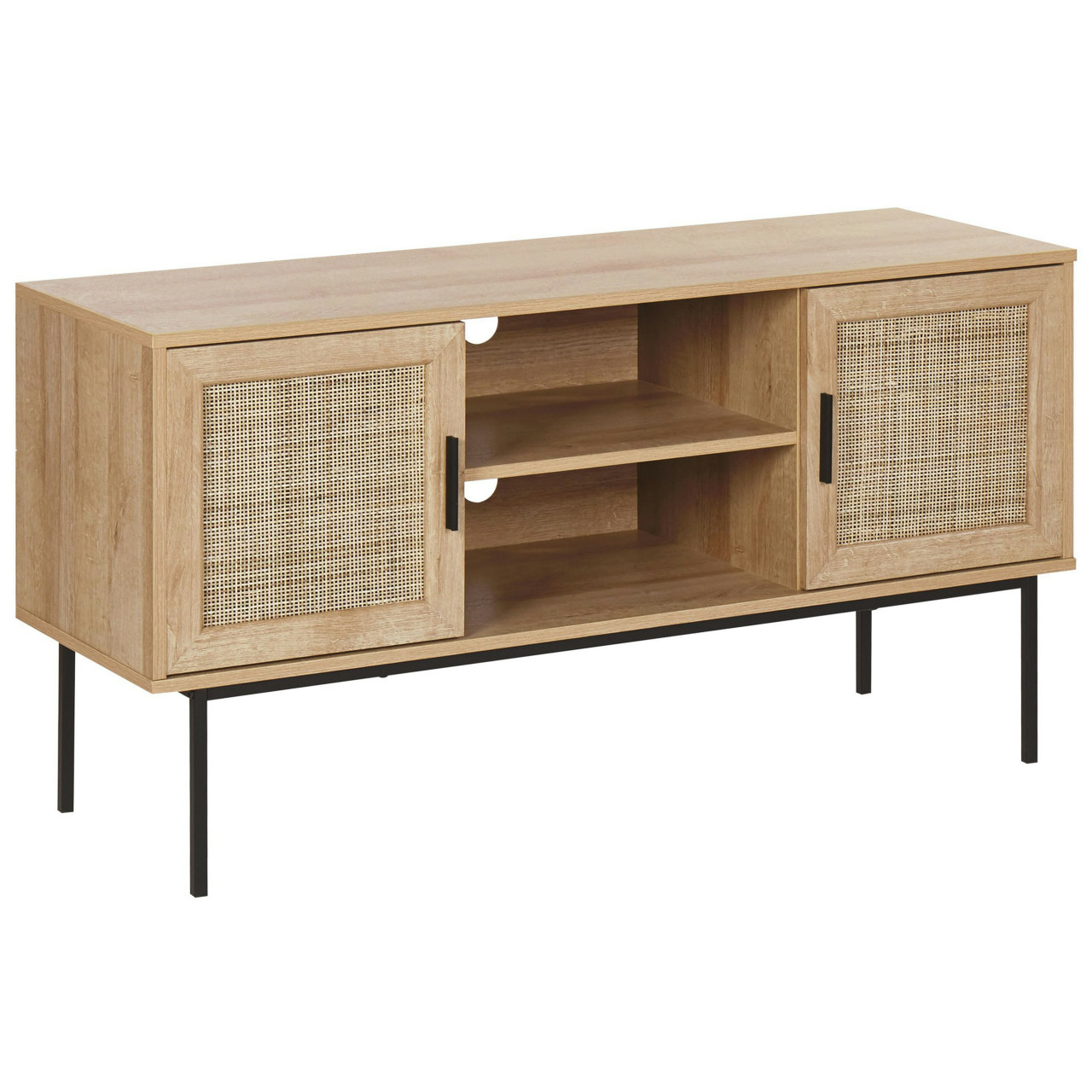 Mueble TV Pasco en aglomerado con ratán y patas metálicas