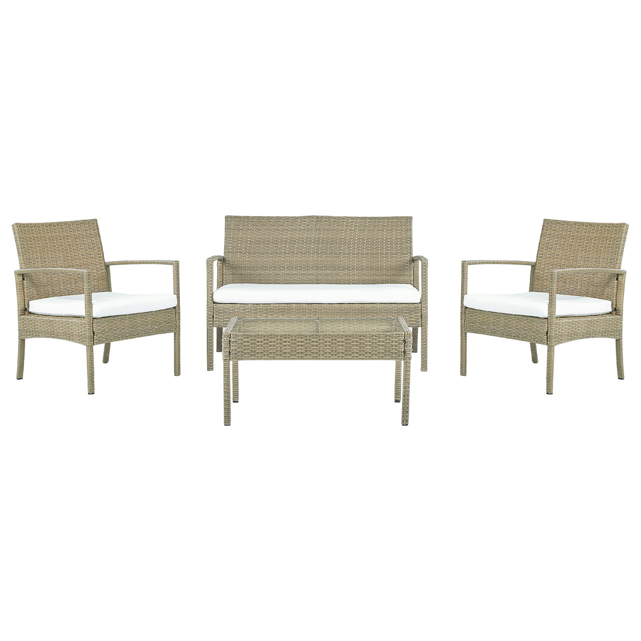 Conjunto lounge Marsala en ratán sintético con mesa de centro en vidrio templado
