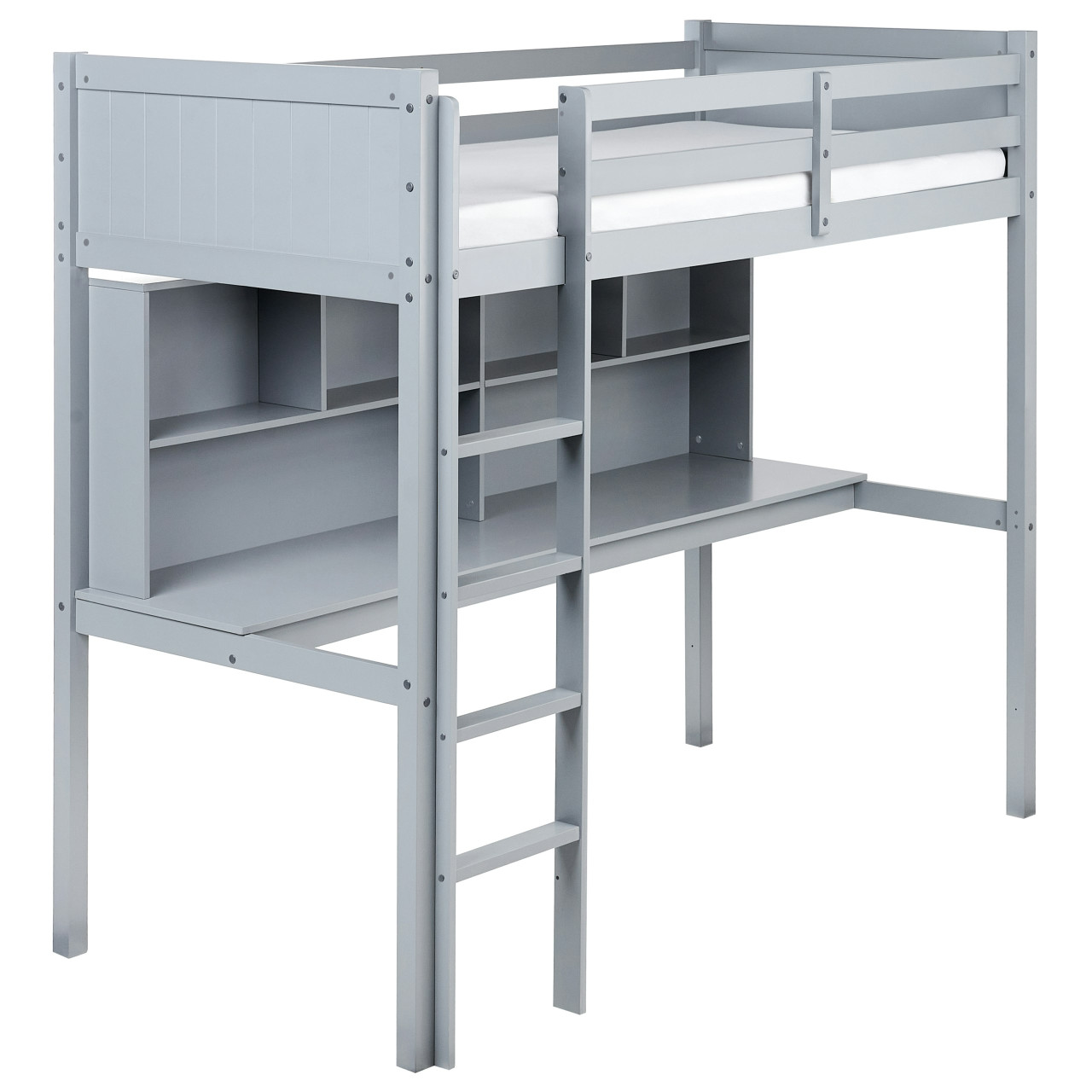 Cama alta con escritorio Foucamont pino lacado gris