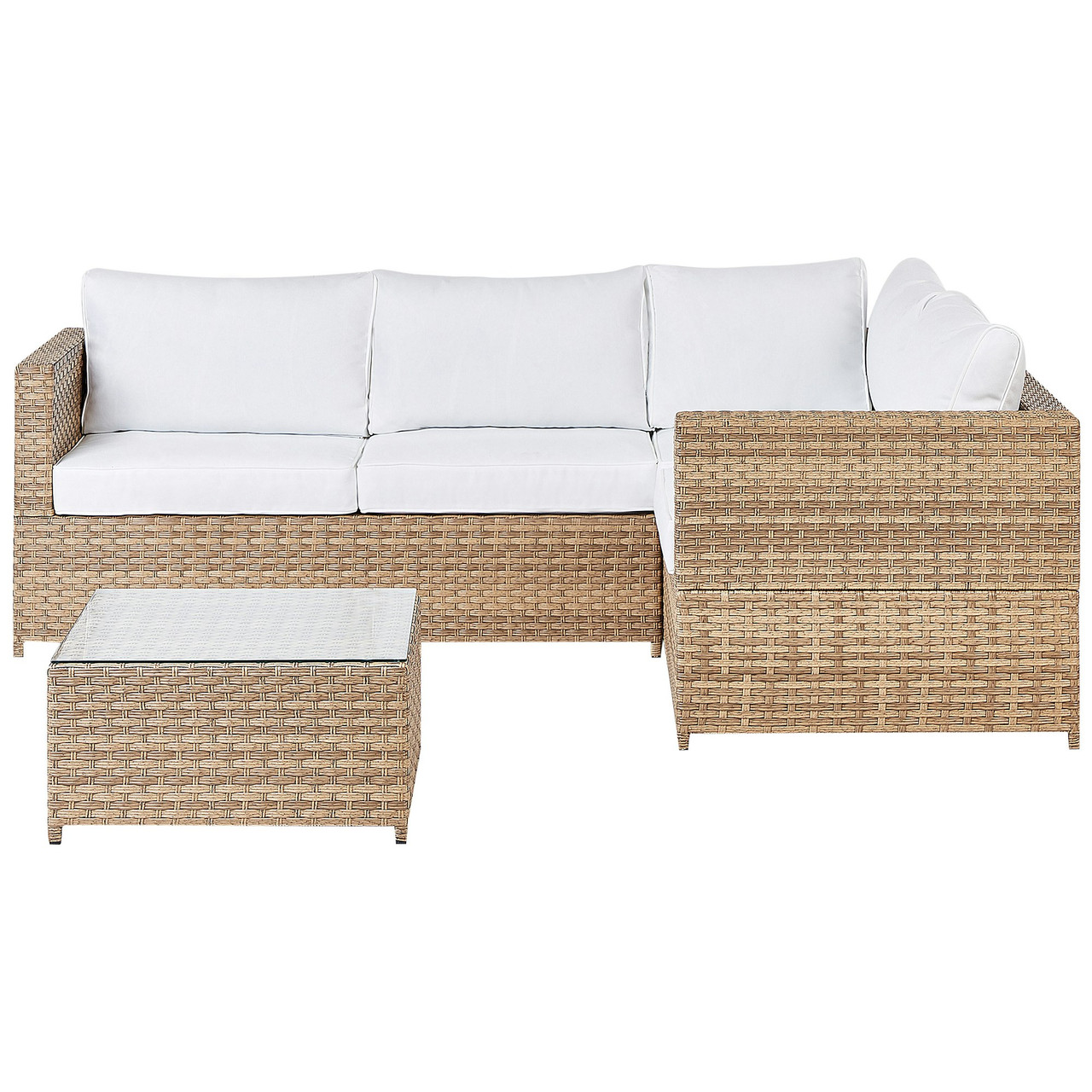 Conjunto lounge modular en ratán sintético con mesa de vidrio