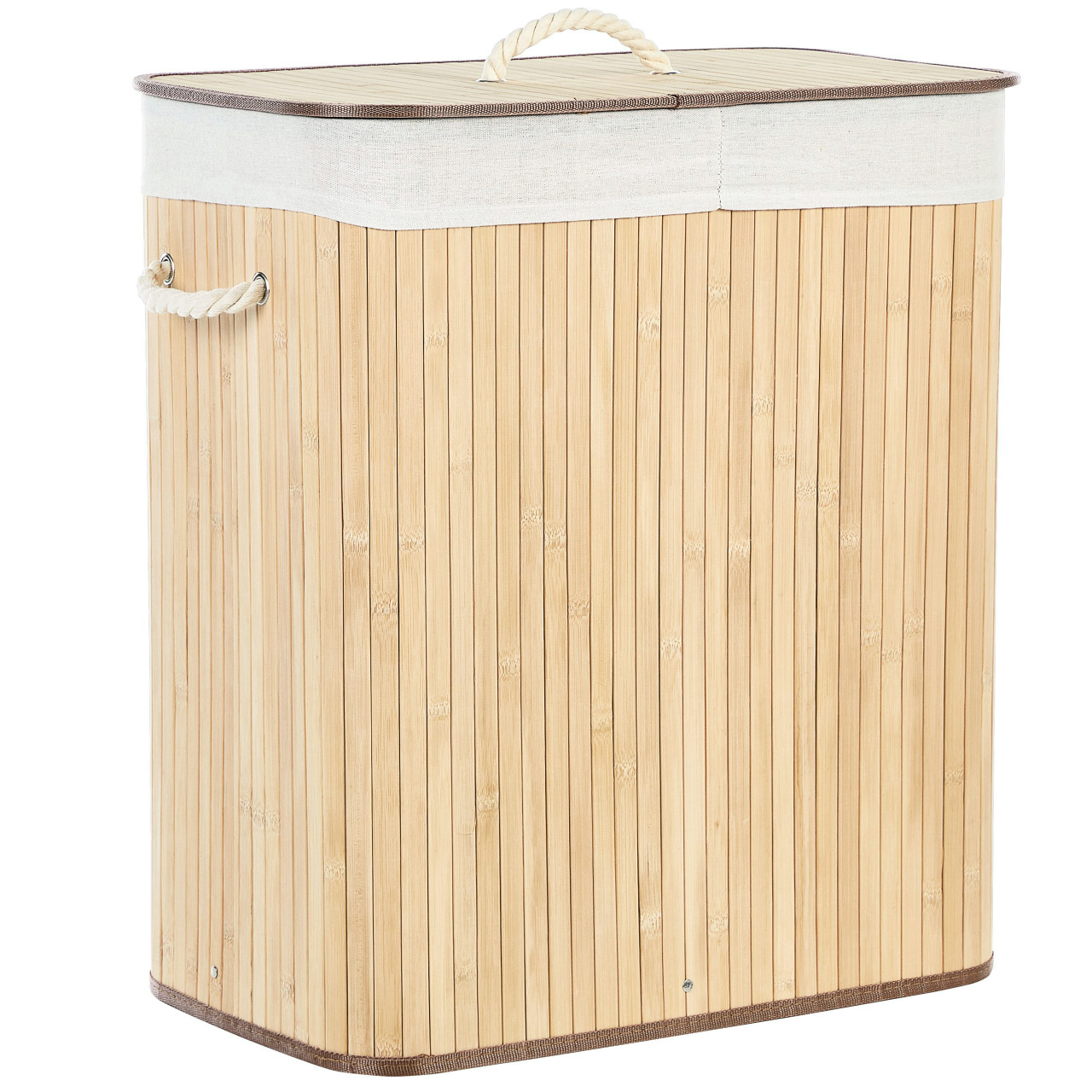 Cesto de ropa de bambú con 2 compartimentos, rectangular, madera clara