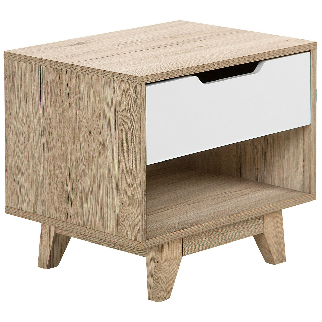 Mesita de noche Spencer en MDF con patas de pino acabado madera clara