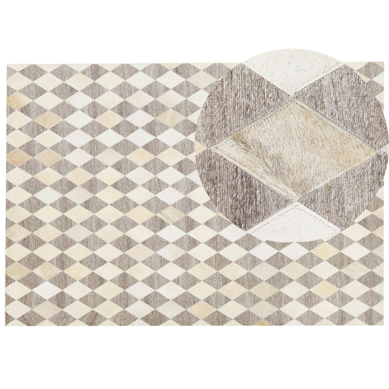 Patchwork Jacquard Rug Genuine Leather Cream