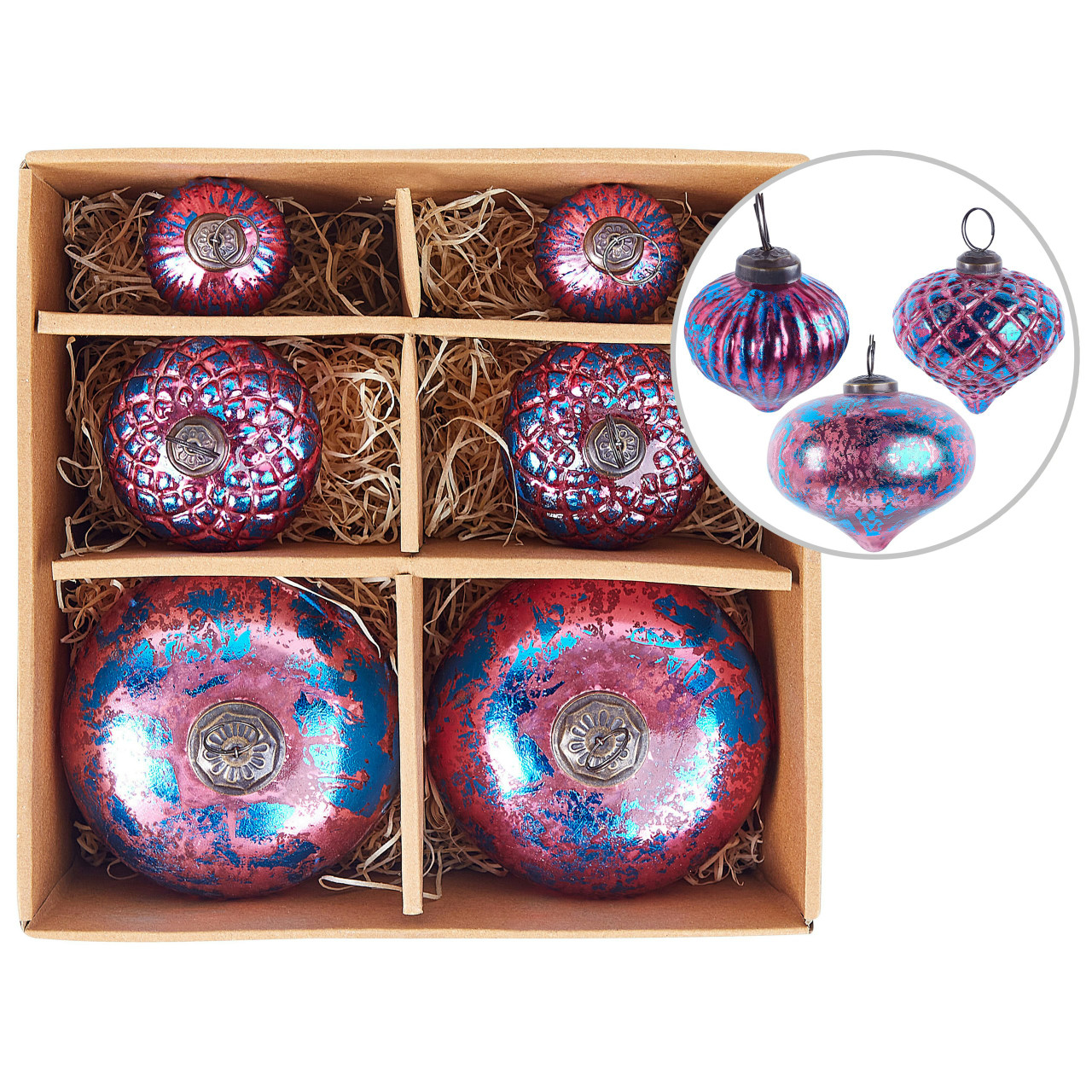 Set of 6 pink glass Christmas baubles