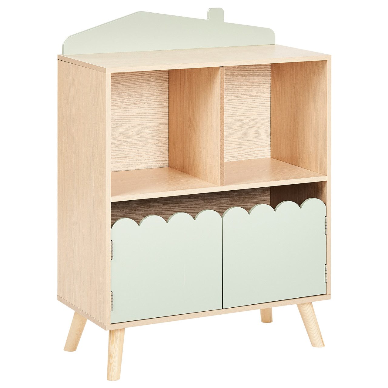 Estantería en forma de casa de MDF con puertas y patas de pino