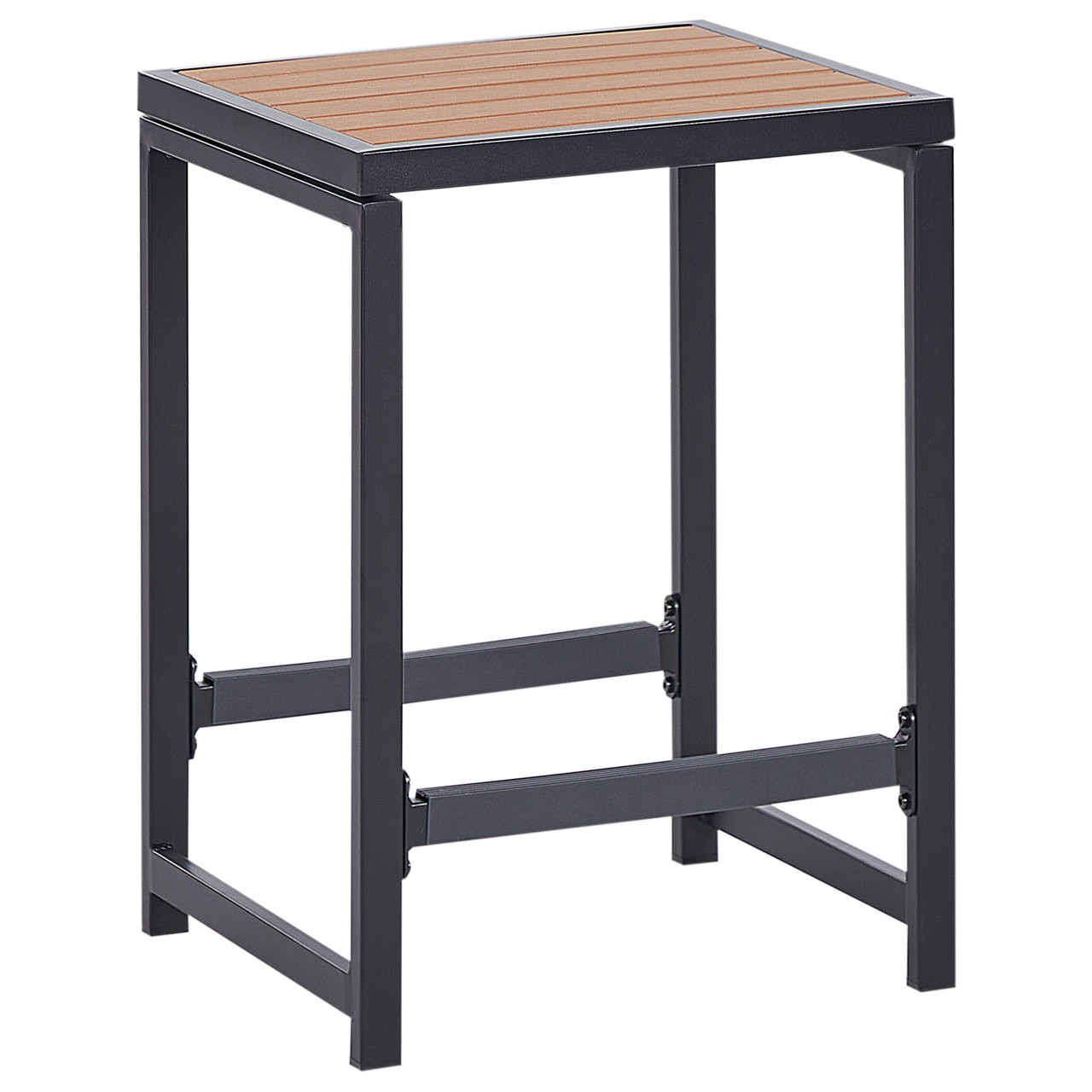 Taburete exterior con asiento de madera plástica y estructura de acero