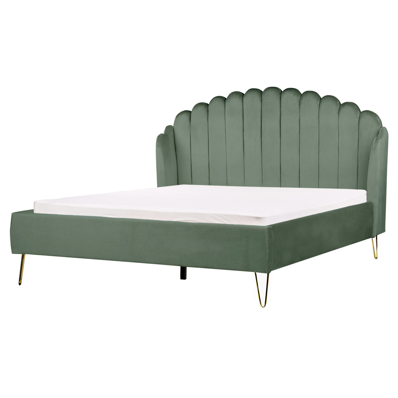 Cama de matrimonio Ambillou terciopelo verde con somier de lamas