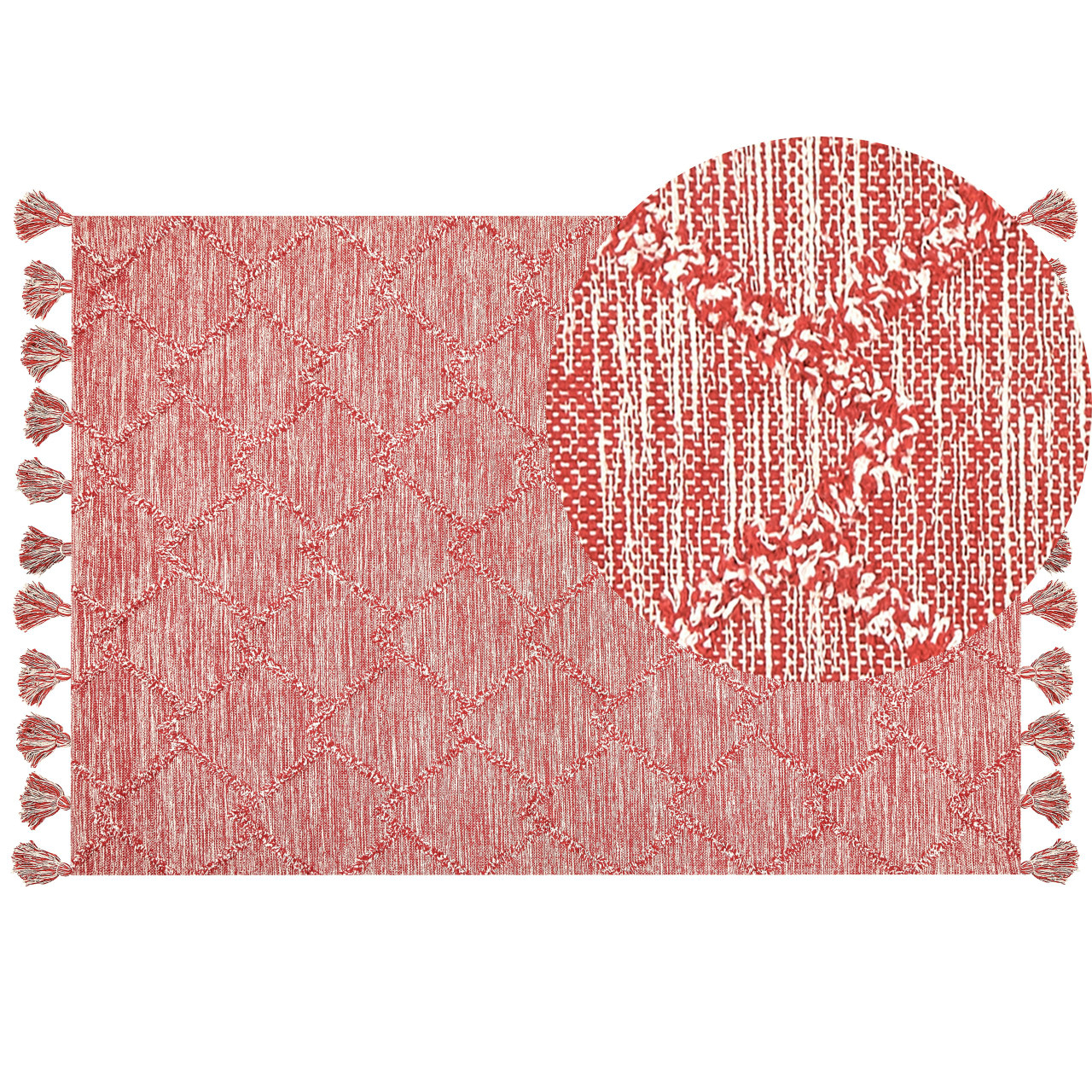 Alfombra tradicional Nigde de algodón con flecos y patrón geométrico, rojo